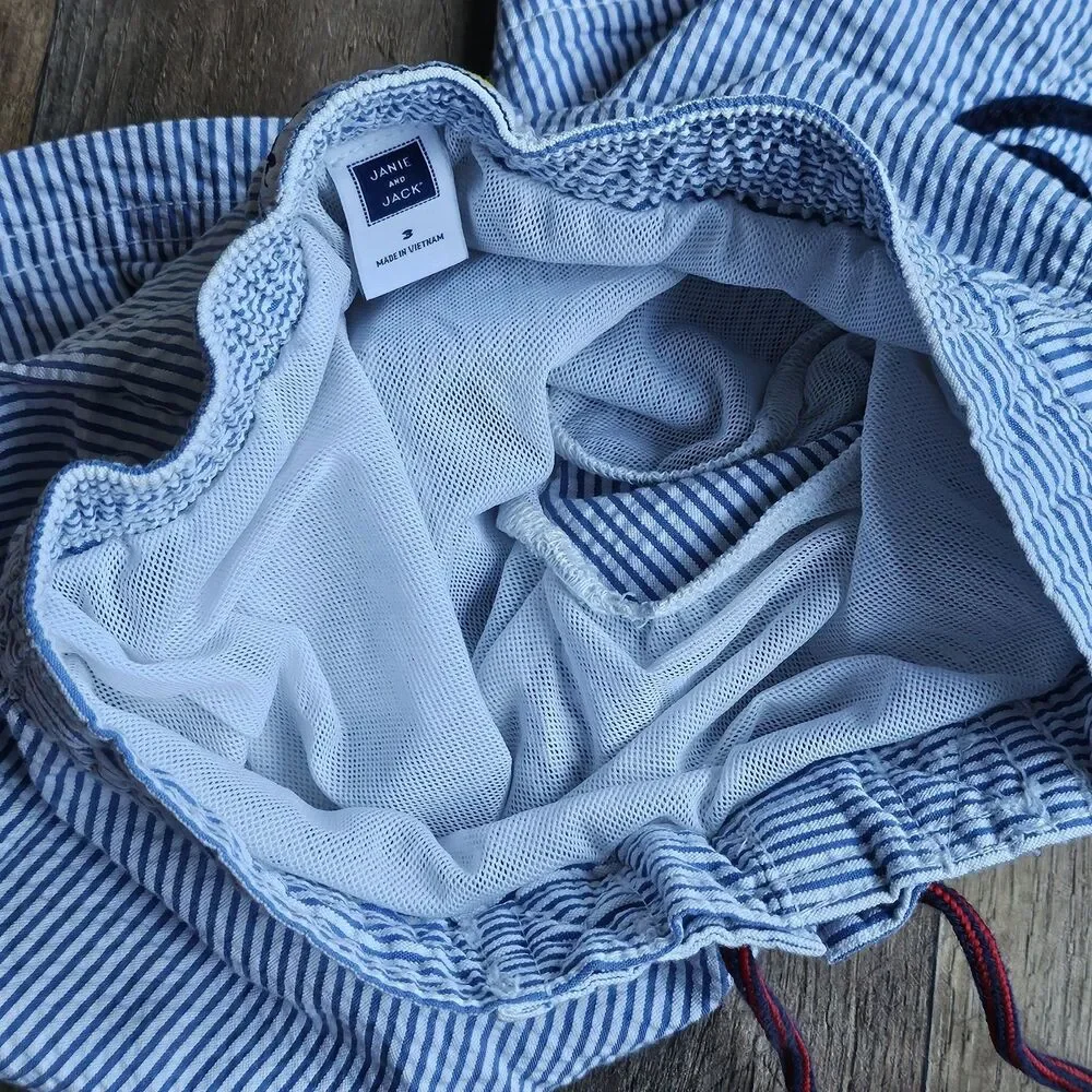 Janie and Jack Nautical Seersucker Swim Trunks Anchor Blue White 3T